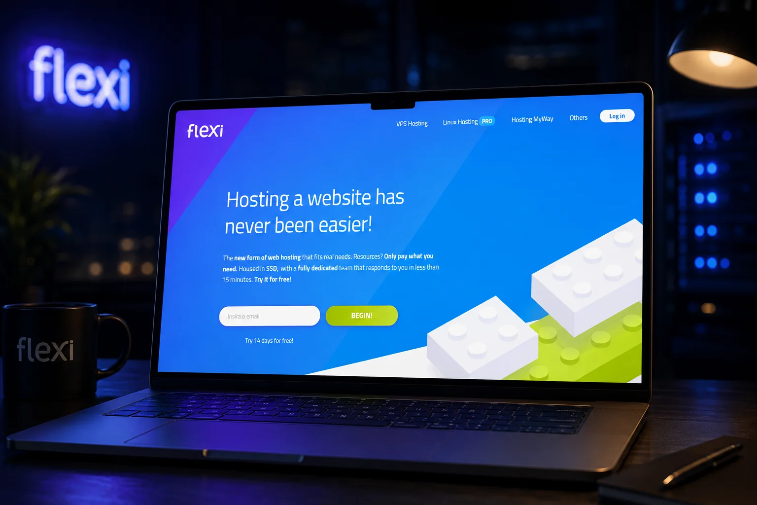 Flexi website shown on a laptop in a dark server-room setting
