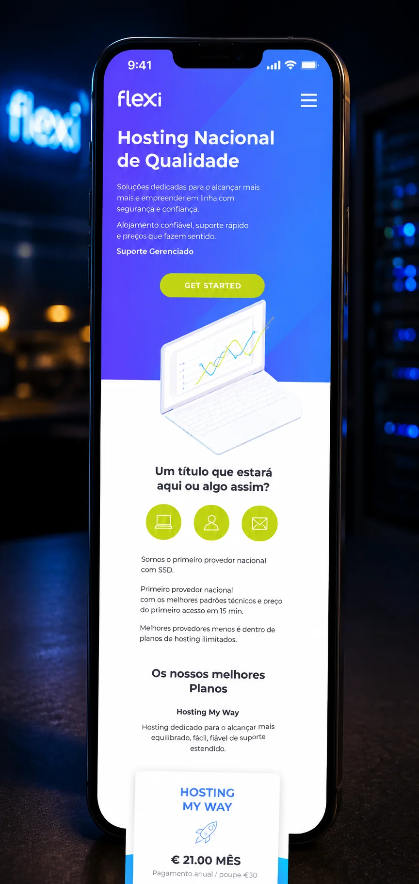 Flexi hosting website displayed on a smartphone with servers visible behind it