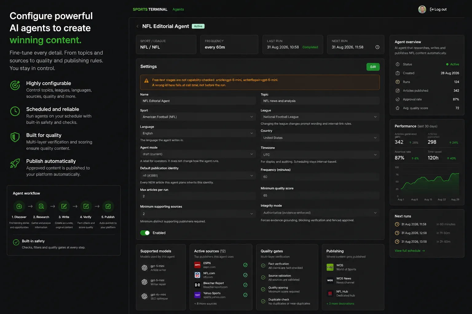 Sports Terminal production AI agent configuration interface showing source, language, topic and publishing controls