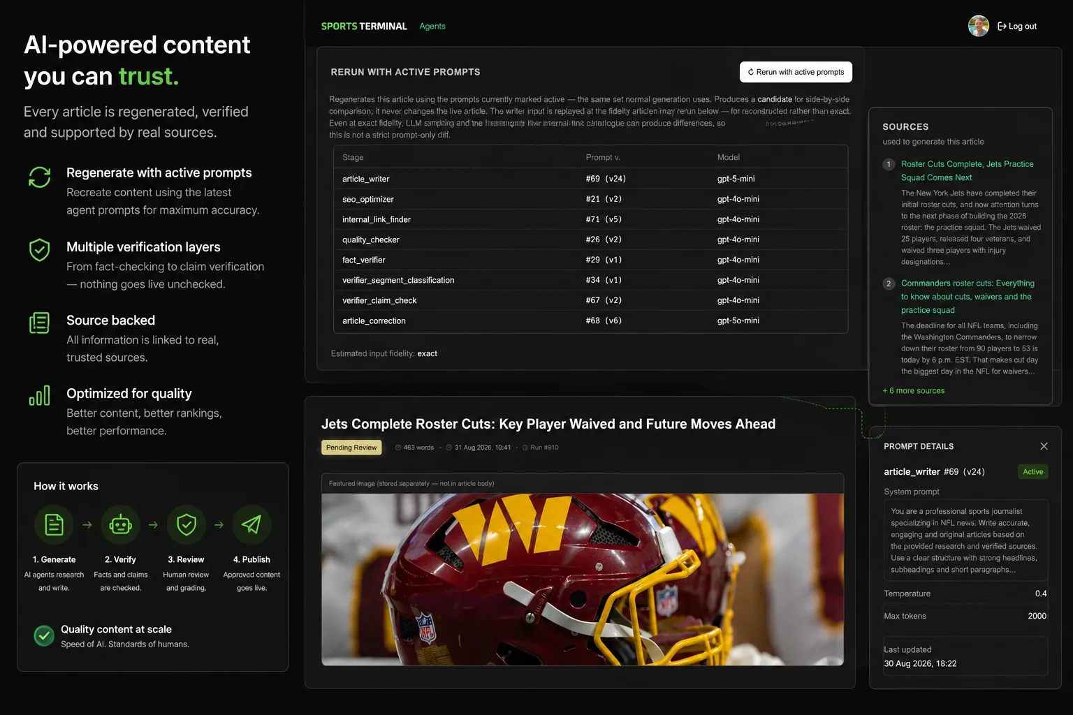 Sports Terminal source-backed article generation and verification interface