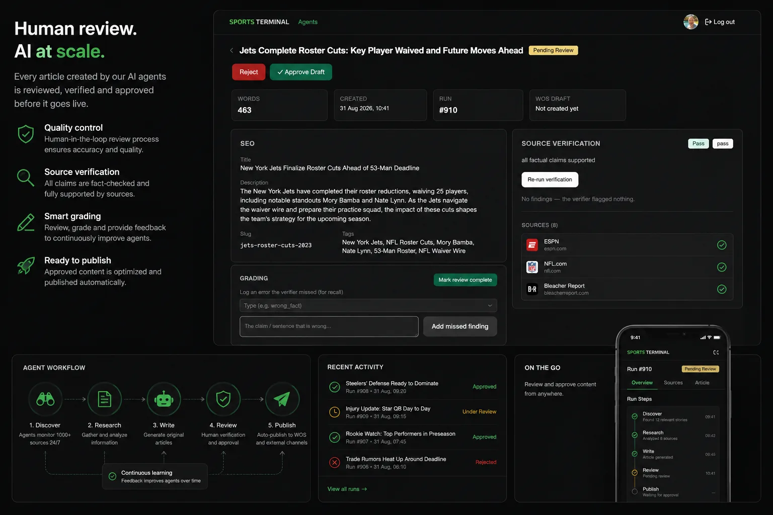 Sports Terminal human review interface with source verification and publishing controls